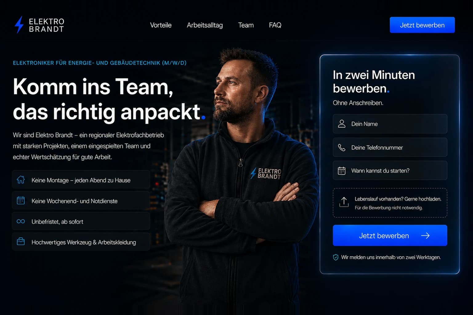 Landingpage einer Stellenanzeige, links die Vorteile, rechts ein kurzes Bewerbungsformular